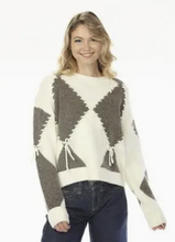 Load image into Gallery viewer, WHT/GRY PATCHWORK TIE SWEATR
