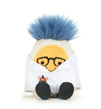 Load image into Gallery viewer, Plush toy with blue hair, yellow face, and white shirt on a white background
