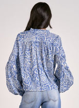 Load image into Gallery viewer, BLU/WHT LS VNECK BUBBLE BLOUSE
