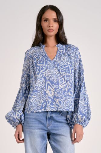 BLU/WHT LS VNECK BUBBLE BLOUSE