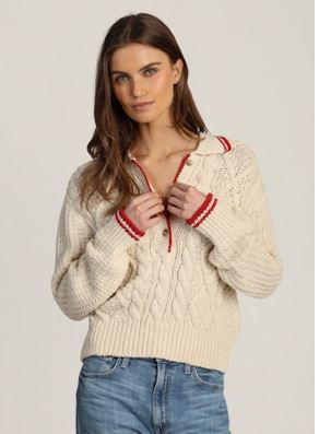 IVORY/RED CABLE SWTER